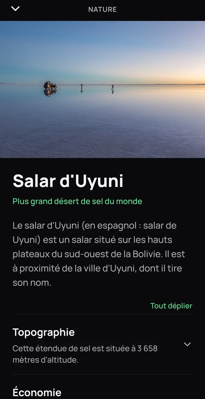 Capture de l'application xapa : fiche « Salar d'Uyuni »